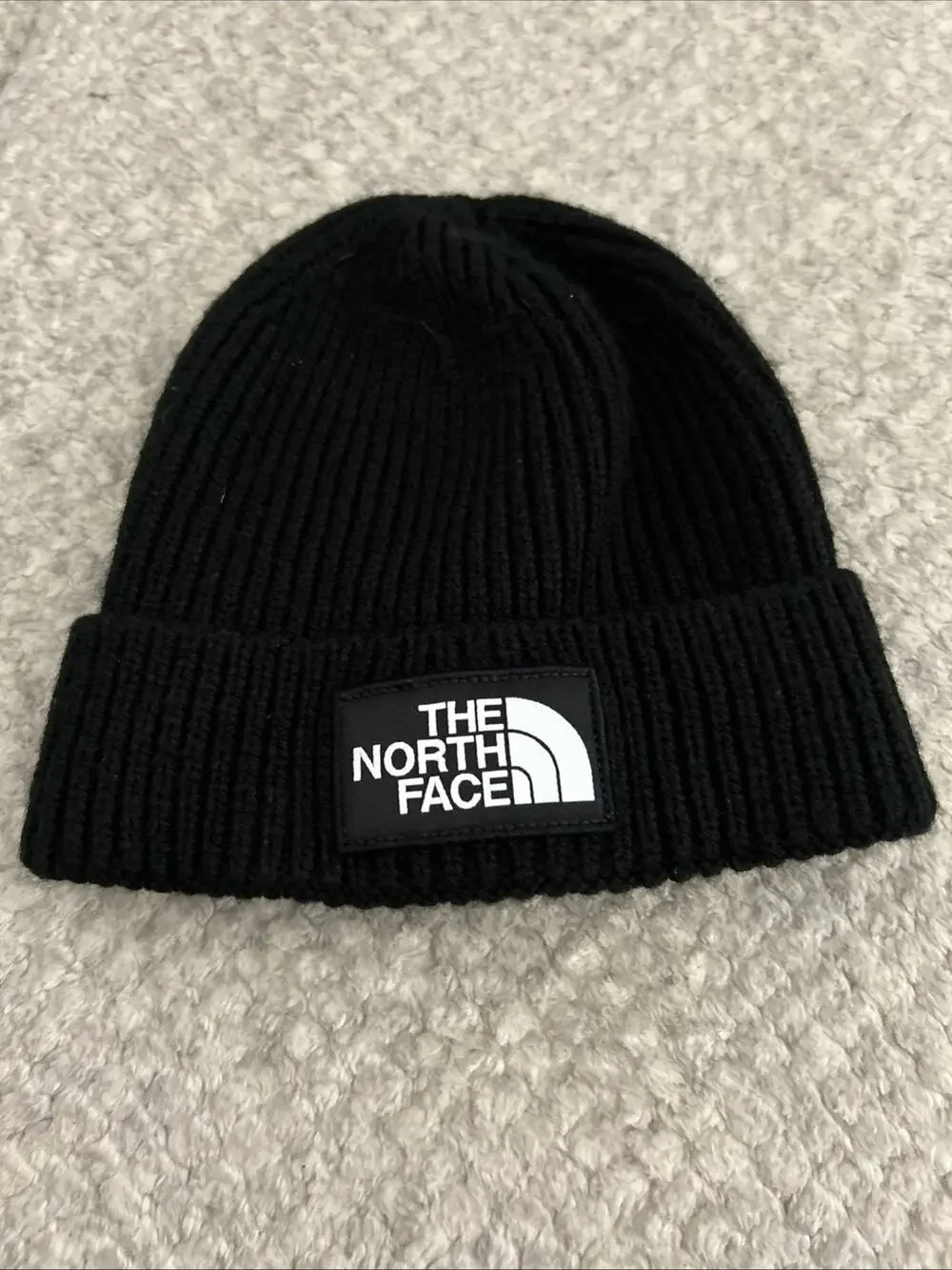 The North Face Beanie Black Rib Knit One Size Logo Patch Ski Winter